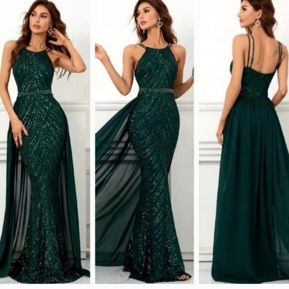 Green, Round Neck, Draped Skirt, Contrast Sequined Mermaid Gown - Picture 1 of 16